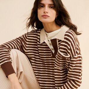 Anthropologie Better Garment Brown Cream Collared Sweater Size Small